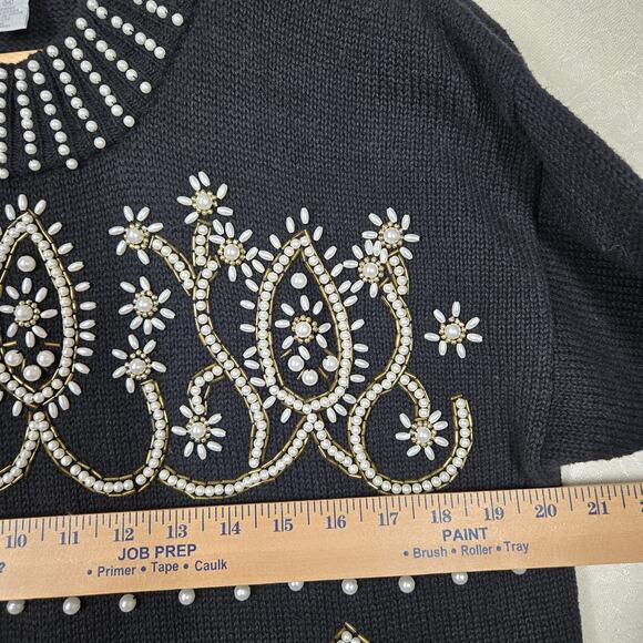 VTG Margules Sweater sz M Black Heavily Beaded Pearl Front Mock Neck Grandmacore - Picture 15 of 16